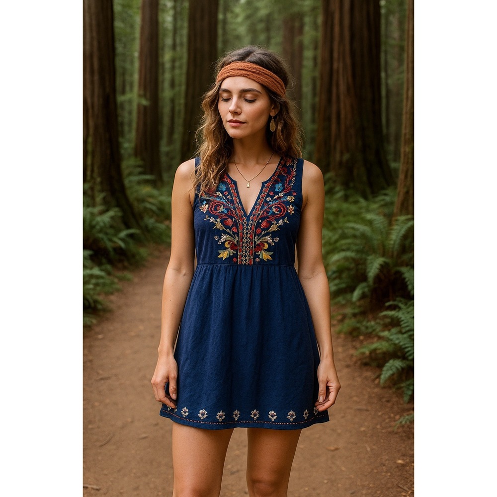 Johnny Was Blue Embroidered V Neck Sleeveless Boho Mini Dress Women's size small